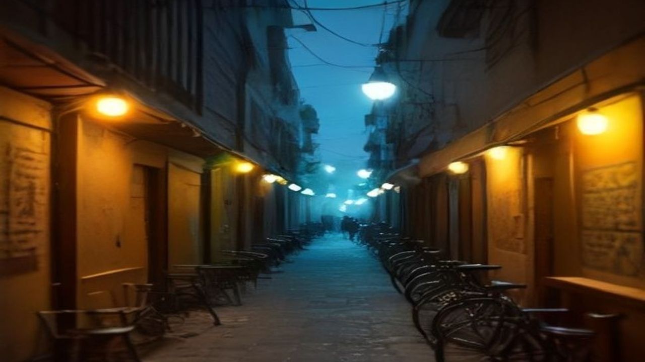 סמטה בפלורנטין בלילה עם קירות גרפיטי צבעוניים ושולחנות בר קטנים על המדרכה