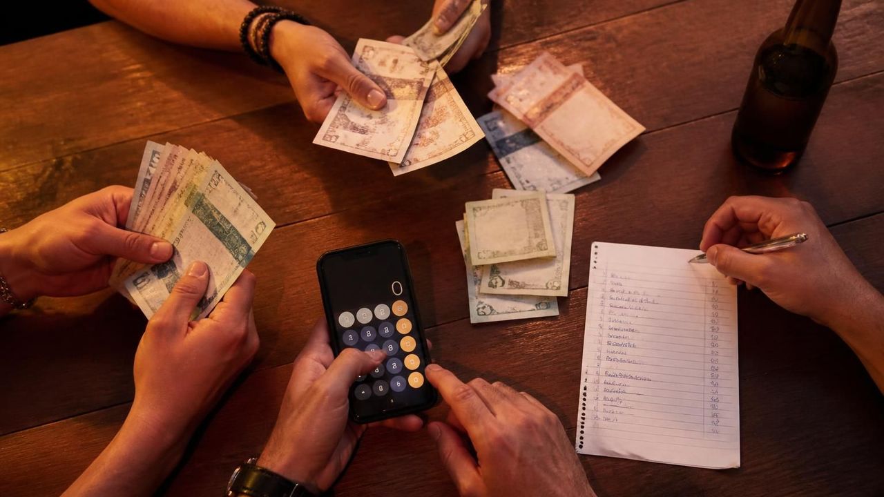 שטרות כסף, מחשבון בטלפון ופתק עם רשימת הוצאות על שולחן