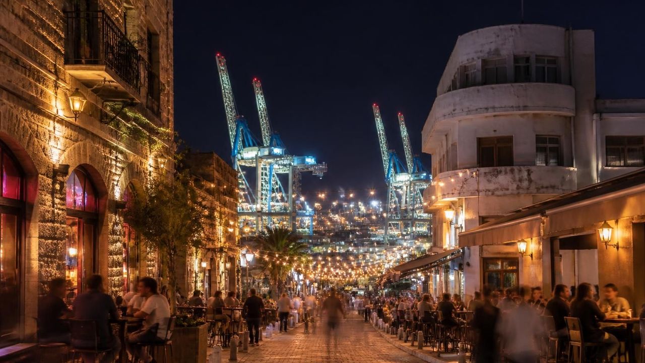 רחוב ברים בעיר התחתית של חיפה בלילה עם בניינים ישנים ומנופי נמל ברקע