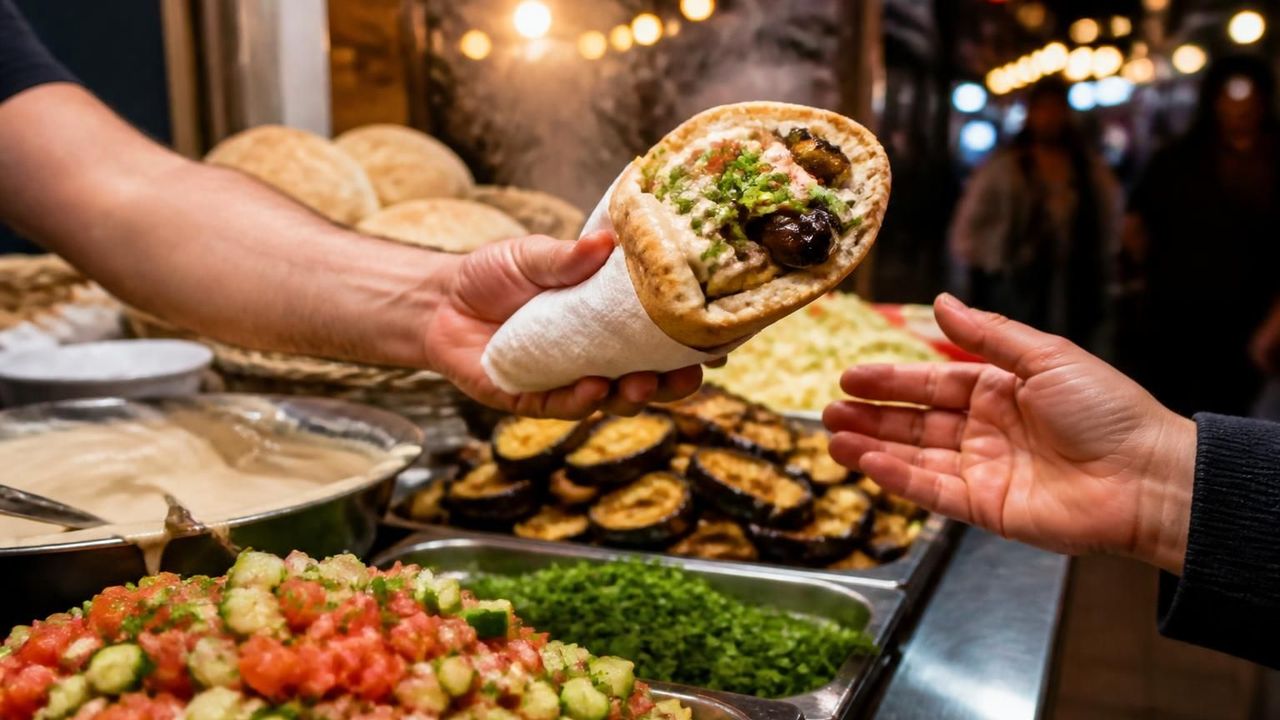 דוכן אוכל רחוב מואר בלילה עם פיתות, ירקות וסירים, יד מגישה מנה