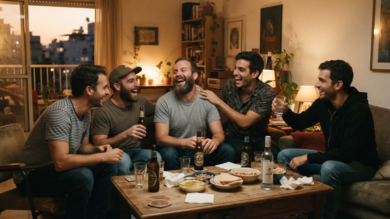חבורת חברים צוחקים סביב שולחן סלון עם משקאות לפני מסיבת רווקים
